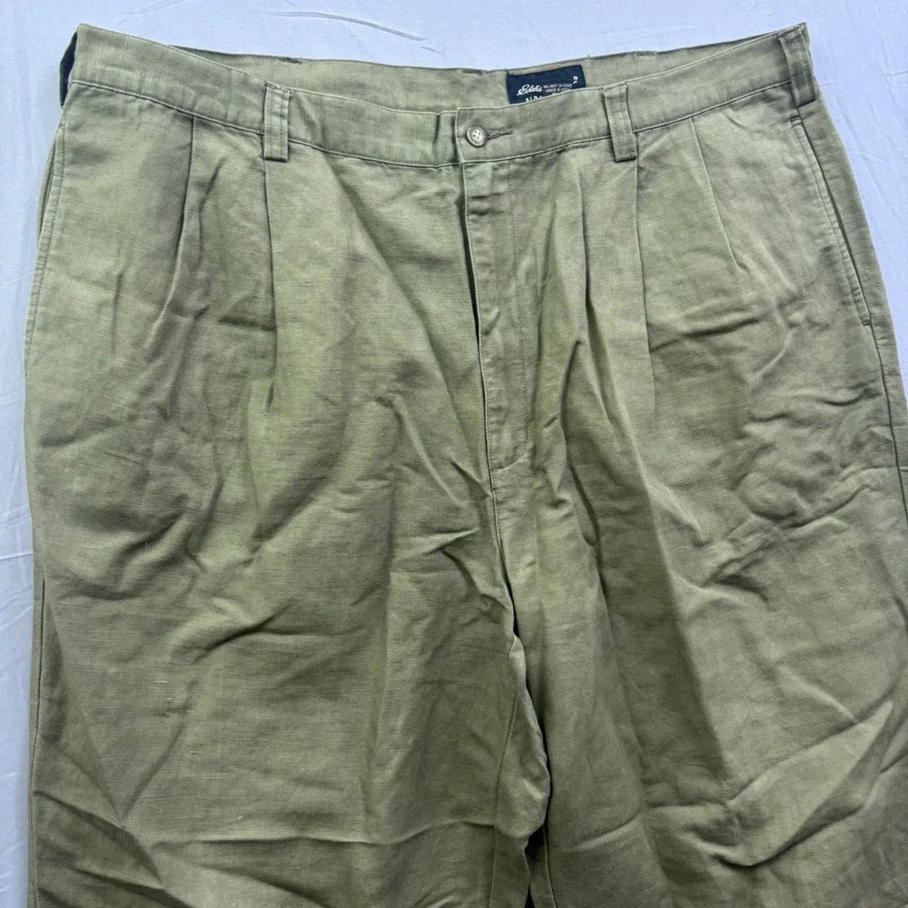 Eddie Bauer Mens 42 Tall Olive Green Linen Cotton Blend Pleated Chino Pants